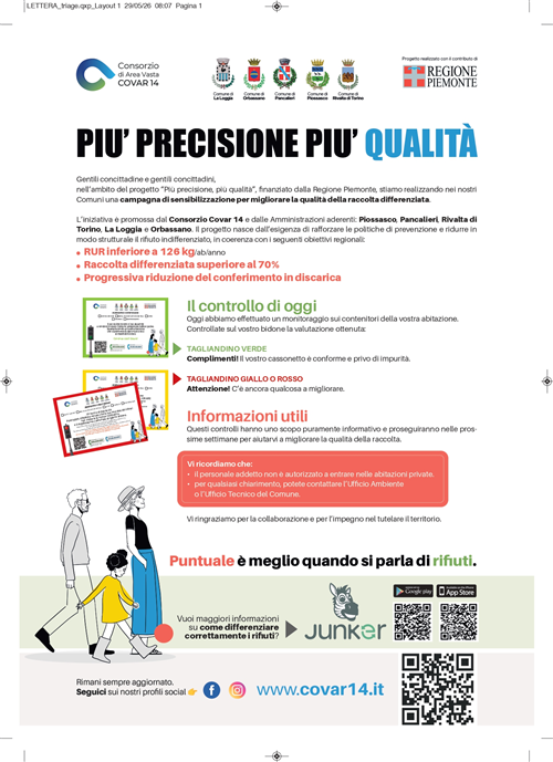 Al via i monitoraggi sui conferimenti dei rifiuti anche a Pancalieri!