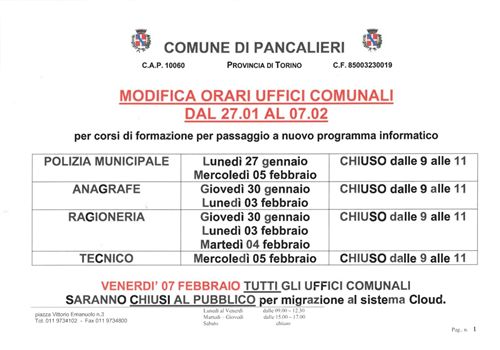 Modifica orari Uffici Comunali dal 27.01 al 07.02